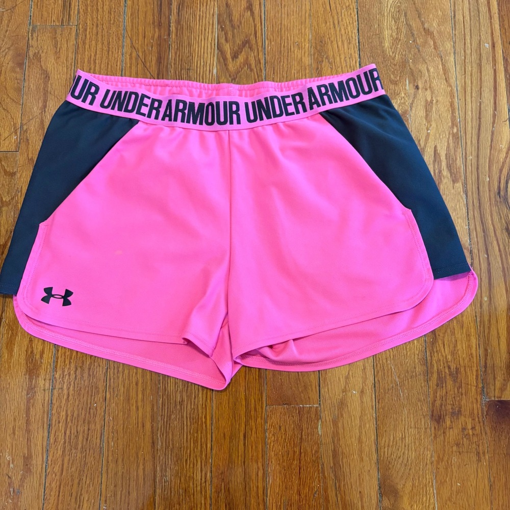 Under Armour Womens Medium Shorts Pink Black Logo Elastic Waist HeatGear